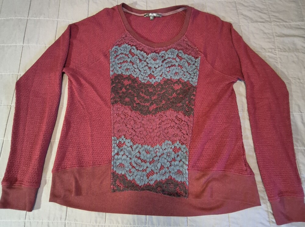 Miss Me Sweater Womens Large Burgundy Blue Lace Long Sleeve Pullover Boho Floral